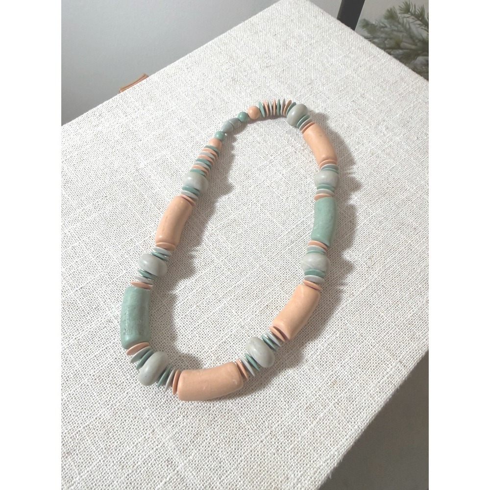 Vintage 80s Clay Bead Necklace Peach Sage Green Vaporwave Chunky Pastel 16 Inch